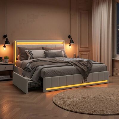 Lit 140x190 cm - COZY - LED - Tiroirs - cadre de lit double 140x190 cm - lit adulte 140x190 cm - tissu lin - beige Beige - Publicité Lit 140x190 cm - COZY - LED - Tiroirs - cadre de lit double 140x190 cm - lit adulte 140x190 cm - tissu lin - beige Beige - Publicité