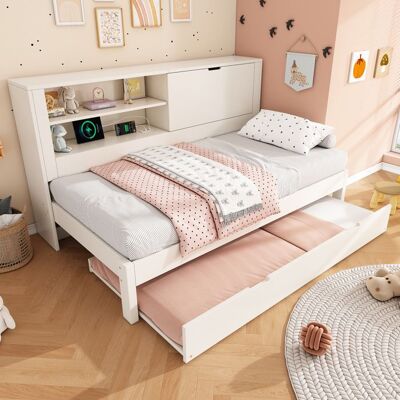 LEMLIT Canapé-Lit Blanc 90x200 cm avec Lit Gigogne 90x190 cm - Tête de Lit Rangement Étagère Ouverte Compartiment Caché et Charge USB Blanc - Publicité LEMLIT Canapé-Lit Blanc 90x200 cm avec Lit Gigogne 90x190 cm - Tête de Lit Rangement Étagère Ouverte Compartiment Caché et Charge USB Blanc - Publicité