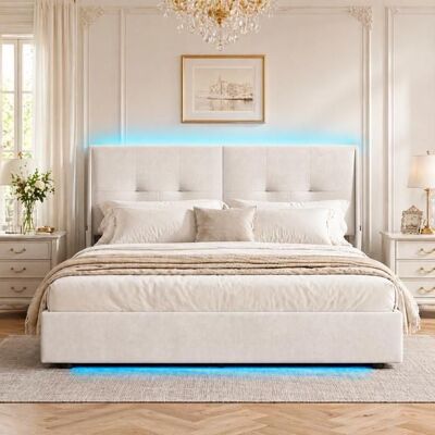 COZY Lit Coffre 140x200 cm - Lit Adulte avec Tête de lit et Sommier à Lattes - LED - Tissu Velours - Beige Beige - Publicité COZY Lit Coffre 140x200 cm - Lit Adulte avec Tête de lit et Sommier à Lattes - LED - Tissu Velours - Beige Beige - Publicité
