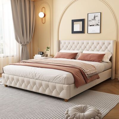 OEM Lit capitonné - 140x190 cm - Sommier à lattes - Tête de lit capitonnée - Revêtement boutons - Revêtement rivets Beige - Publicité OEM Lit capitonné - 140x190 cm - Sommier à lattes - Tête de lit capitonnée - Revêtement boutons - Revêtement rivets Beige - Publicité