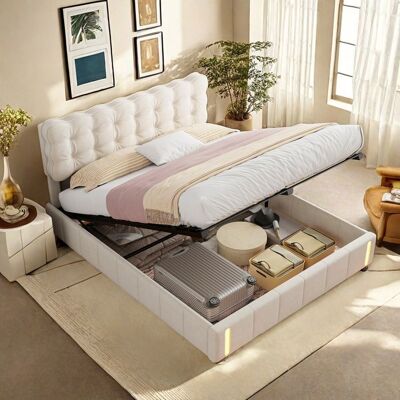 JYCRA Lit coffre led 140x200 lit capitonne coffre 140x200 beige lit adolescent avec rangement lit 2 personne moderne lit avec led Beige - Publicité JYCRA Lit coffre led 140x200 lit capitonne coffre 140x200 beige lit adolescent avec rangement lit 2 personne moderne lit avec led Beige - Publicité