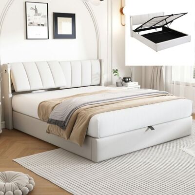Lit coffre - LANGTU - 140x190 cm - Tête de lit 3 positions - LED 4W télécommande - Port USB Type-C Blanc - Publicité Lit coffre - LANGTU - 140x190 cm - Tête de lit 3 positions - LED 4W télécommande - Port USB Type-C Blanc - Publicité