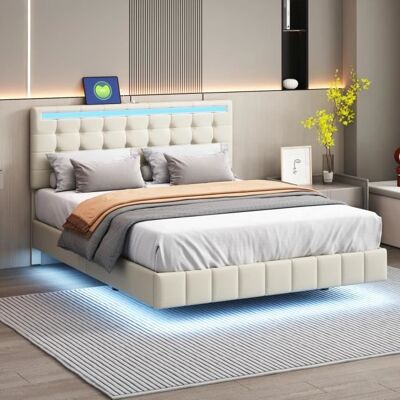 BLANKETSWARM Lit adulte 140x200 cm avec lumières LED lit flottant rembourré tête de lit avec fonction chargement USB tissu en Lin beige Beige - Publicité BLANKETSWARM Lit adulte 140x200 cm avec lumières LED lit flottant rembourré tête de lit avec fonction chargement USB tissu en Lin beige Beige - Publicité