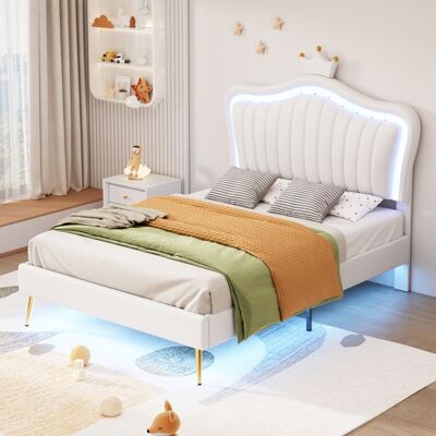 NOBRAND Lit enfant capitonné 90 x 200 cm avec lumières LED cadre de lit en cuir PU pour filles sommier à lattes et dossier (matelas non ) Blanc - Publicité NOBRAND Lit enfant capitonné 90 x 200 cm avec lumières LED cadre de lit en cuir PU pour filles sommier à lattes et dossier (matelas non ) Blanc - Publicité