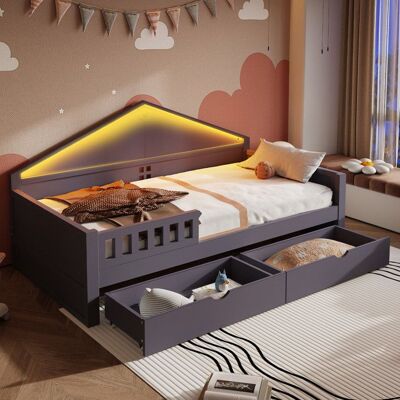 NOBRAND Lit de jour 90x200 cm avec éclairage LED lit enfant en bois avec tiroirs et sommier à lattes lit simple gris (sans matelas) Gris - Publicité NOBRAND Lit de jour 90x200 cm avec éclairage LED lit enfant en bois avec tiroirs et sommier à lattes lit simple gris (sans matelas) Gris - Publicité