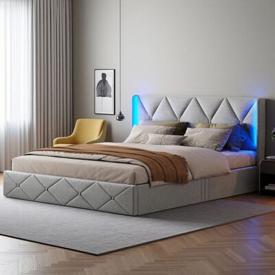 Lit 140x190 cm - COZY - Velours Gris Glace - LED Intégré - Tête de Lit Rembourrée - 2 Places Gris - Publicité Lit 140x190 cm - COZY - Velours Gris Glace - LED Intégré - Tête de Lit Rembourrée - 2 Places Gris - Publicité