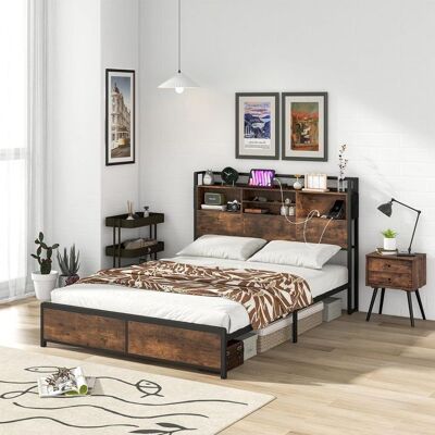 GIANTEX Cadre de Lit Double 160x200 cm Adulte-avec Station Recharge (2 Prises+2 USB) et Tête de Lit BibliothèqueStyle Industriel - Publicité GIANTEX Cadre de Lit Double 160x200 cm Adulte-avec Station Recharge (2 Prises+2 USB) et Tête de Lit BibliothèqueStyle Industriel - Publicité