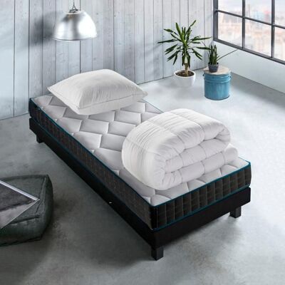 BLUE MOON Pack Matelas ressorts ensachés 90x190 cm ATMOSPHERE + couette + oreiller 7 zones de confort tissu stretch luxe garanti 10 ans - Publicité BLUE MOON Pack Matelas ressorts ensachés 90x190 cm ATMOSPHERE + couette + oreiller 7 zones de confort tissu stretch luxe garanti 10 ans - Publicité