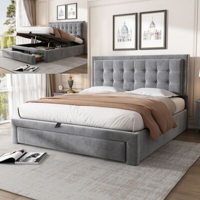 Lit coffre 140x190 cm - LANGTU - Style européen simple - Velours gris - 2 tiroirs & coffre - Sommier lattes tête réglable Gris - Publicité Lit coffre 140x190 cm - LANGTU - Style européen simple - Velours gris - 2 tiroirs & coffre - Sommier lattes tête réglable Gris - Publicité