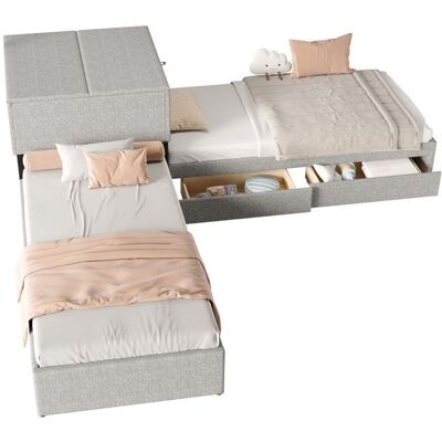 NOBRAND Lit dangle 90x200 cm 2 lits simples gigogne fonctionnel rangement tiroirs placard lin gris - Sans Matelas Gris - Publicité NOBRAND Lit dangle 90x200 cm 2 lits simples gigogne fonctionnel rangement tiroirs placard lin gris - Sans Matelas Gris - Publicité