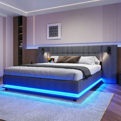 Lit coffre - LANGTU - Lit capitonné 180 x 200 cm - Lin gris - Bande LED multicolore - Tête de lit avec spot & USB Gris - Publicité Lit coffre - LANGTU - Lit capitonné 180 x 200 cm - Lin gris - Bande LED multicolore - Tête de lit avec spot & USB Gris - Publicité