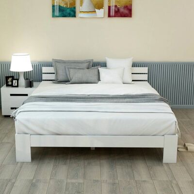 Lit double en bois - LANGTU - 200 x 140 cm - Pin massif - Blanc - Sommier à lattes Blanc - Publicité Lit double en bois - LANGTU - 200 x 140 cm - Pin massif - Blanc - Sommier à lattes Blanc - Publicité