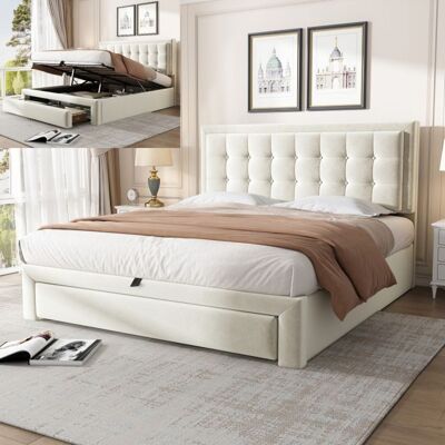 Lit coffre 2 places - LANGTU - 140x190 - Velours beige - Sommier à lattes inclus - Coffre & 2 tiroirs Beige - Publicité Lit coffre 2 places - LANGTU - 140x190 - Velours beige - Sommier à lattes inclus - Coffre & 2 tiroirs Beige - Publicité