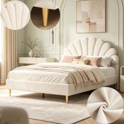 Lit 140x190 cm - COZY - Tête de lit en pétale - Velours beige - Lit enfant - 2 places Beige - Publicité Lit 140x190 cm - COZY - Tête de lit en pétale - Velours beige - Lit enfant - 2 places Beige - Publicité