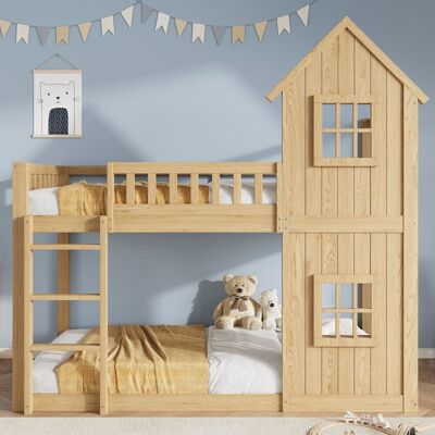Lit superposé enfant 90 x 200 cm - LEMONBEST - Lit cabine - Pin+MDF - 2 fenêtres - Escalier 3 marches Marron - Publicité Lit superposé enfant 90 x 200 cm - LEMONBEST - Lit cabine - Pin+MDF - 2 fenêtres - Escalier 3 marches Marron - Publicité