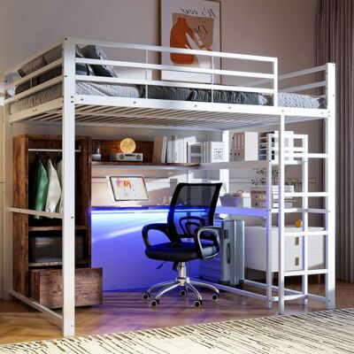 Lit mezzanine - LANGTU - 140x200 - Métal & MDF - Bureau intégré - Éclairage LED 16 couleurs Blanc - Publicité Lit mezzanine - LANGTU - 140x200 - Métal & MDF - Bureau intégré - Éclairage LED 16 couleurs Blanc - Publicité