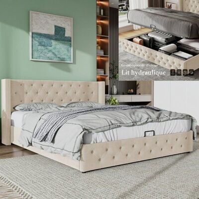Lit coffre 140x190 - LANGTU - Chesterfield Steele - Coffre hydraulique - Tissu flanelle beige - Sommier inclus Beige - Publicité Lit coffre 140x190 - LANGTU - Chesterfield Steele - Coffre hydraulique - Tissu flanelle beige - Sommier inclus Beige - Publicité