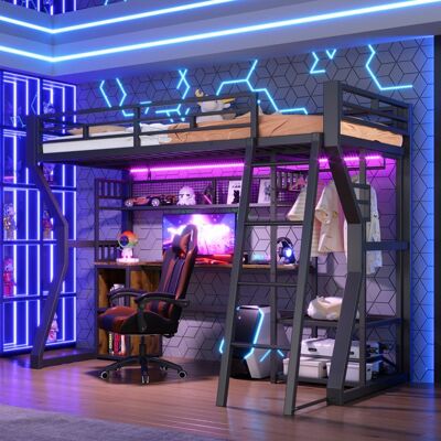 LEMONBEST Lit mezzanine 90 x 200 cm Cadre en Métal Lit simple avec LED bureau prise électrique penderie rangement - Noir Noir - Publicité LEMONBEST Lit mezzanine 90 x 200 cm Cadre en Métal Lit simple avec LED bureau prise électrique penderie rangement - Noir Noir - Publicité