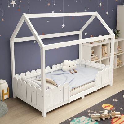 Lit enfant cabane - LANGTU - Modèle cabane - 90 x 200 cm - Bois de pin massif - Blanc sommier à lattes Blanc - Publicité Lit enfant cabane - LANGTU - Modèle cabane - 90 x 200 cm - Bois de pin massif - Blanc sommier à lattes Blanc - Publicité