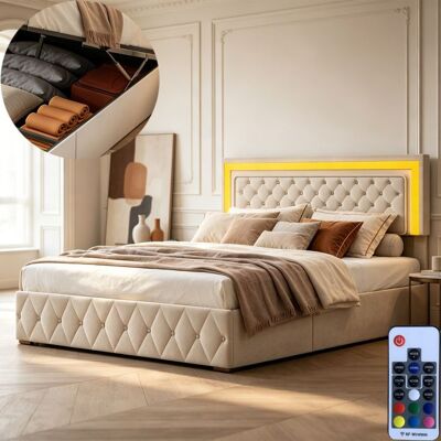 Lit 160x200 cm - COZY - LED - tissu en velours - sommier à lattes - cadre de lit adulte 160x200 cm - beige Beige - Publicité Lit 160x200 cm - COZY - LED - tissu en velours - sommier à lattes - cadre de lit adulte 160x200 cm - beige Beige - Publicité