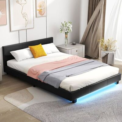 Lit Double 140 x 200 CM COSTWAY en Simili Cuir Bandes LED Tête de Lit Sommier à Lattes en Bois Lit Adulte Charge 300 kg Noir Noir - Publicité Lit Double 140 x 200 CM COSTWAY en Simili Cuir Bandes LED Tête de Lit Sommier à Lattes en Bois Lit Adulte Charge 300 kg Noir Noir - Publicité