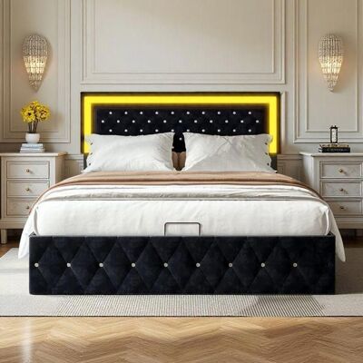 Lit 160x200 cm - COZY - LED - tissu en velours - sommier à lattes - cadre de lit adulte 160x200 cm - noir Noir - Publicité Lit 160x200 cm - COZY - LED - tissu en velours - sommier à lattes - cadre de lit adulte 160x200 cm - noir Noir - Publicité