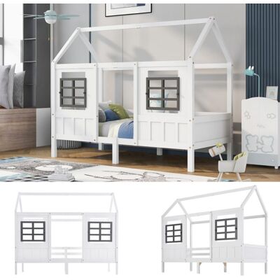 Lit enfant cabane - LANGTU - Lit maison avec fenêtres - 90x200 cm - Pin massif - Blanc Blanc - Publicité Lit enfant cabane - LANGTU - Lit maison avec fenêtres - 90x200 cm - Pin massif - Blanc Blanc - Publicité