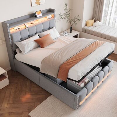 Blueline Lit rembourré 140 * 200cm avec éclairage LED et prise USB tête de lit avec étagères et espace de rangement avec rangement Gris - Publicité Blueline Lit rembourré 140 * 200cm avec éclairage LED et prise USB tête de lit avec étagères et espace de rangement avec rangement Gris - Publicité