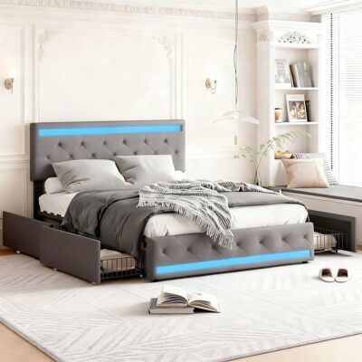 Lit adulte 140x190 - COZY - Lit avec sommier à lattes - 4 tiroirs - LED intégrée - Tissu en lin gris Gris - Publicité Lit adulte 140x190 - COZY - Lit avec sommier à lattes - 4 tiroirs - LED intégrée - Tissu en lin gris Gris - Publicité