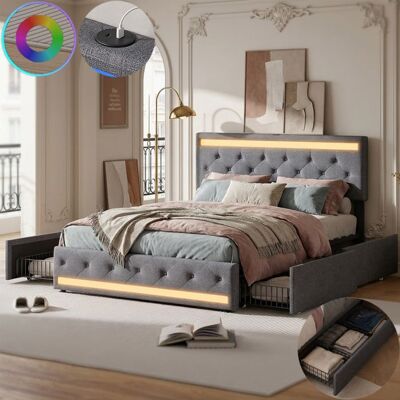COZY Lit double 160x200 avec sommier à lattes lit adulte 160x200 avec LED et 4 tiroirs tissu en lin gris anthracite Gris - Publicité COZY Lit double 160x200 avec sommier à lattes lit adulte 160x200 avec LED et 4 tiroirs tissu en lin gris anthracite Gris - Publicité