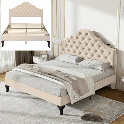 Lit double - LANGTU - capitonné - tête de lit réglable - sommier à lattes - velours beige - 140x190 Beige - Publicité Lit double - LANGTU - capitonné - tête de lit réglable - sommier à lattes - velours beige - 140x190 Beige - Publicité