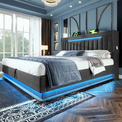 NOBRAND Lit double capitonné 140x190 cm tête de lit rangement USB Type‑C LED coffre hydraulique gris linSans Matelas Gris - Publicité NOBRAND Lit double capitonné 140x190 cm tête de lit rangement USB Type‑C LED coffre hydraulique gris linSans Matelas Gris - Publicité