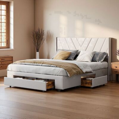 Lit 160x200 cm - COZY - lit double 160x200 cm - sommier - tissu en lin - cadre de lit adulte 160x200 cm - beige Beige - Publicité Lit 160x200 cm - COZY - lit double 160x200 cm - sommier - tissu en lin - cadre de lit adulte 160x200 cm - beige Beige - Publicité