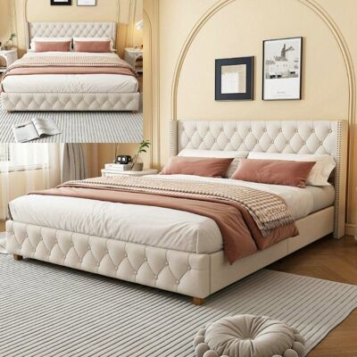 Lit 140x190 cm - LANGTU - Lit capitonné - Tissu lin beige - Sommier à lattes - Capitonnage boutons Beige - Publicité Lit 140x190 cm - LANGTU - Lit capitonné - Tissu lin beige - Sommier à lattes - Capitonnage boutons Beige - Publicité