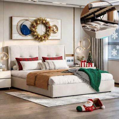 Lit 160x200 cm - COZY - LED - tissu en velours - cadre de lit double XL 160x200 cm - beige Beige - Publicité Lit 160x200 cm - COZY - LED - tissu en velours - cadre de lit double XL 160x200 cm - beige Beige - Publicité