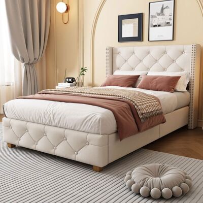Lit Simple - MERAX - 90x200 cm - Lin Beige - Tête de lit capitonnée - Sommier à lattes inclus Beige - Publicité Lit Simple - MERAX - 90x200 cm - Lin Beige - Tête de lit capitonnée - Sommier à lattes inclus Beige - Publicité