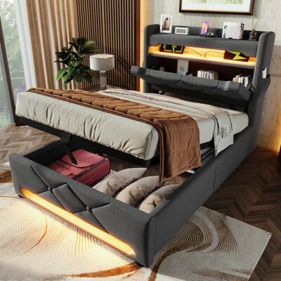 COZHYESS Lit Coffre Capitonnée 90x200 cm Lit 1 Place avec Rangement Hydraulique Éclairage LED Tête de Lit Étagères et Ports USB - Gris Gris - Publicité COZHYESS Lit Coffre Capitonnée 90x200 cm Lit 1 Place avec Rangement Hydraulique Éclairage LED Tête de Lit Étagères et Ports USB - Gris Gris - Publicité