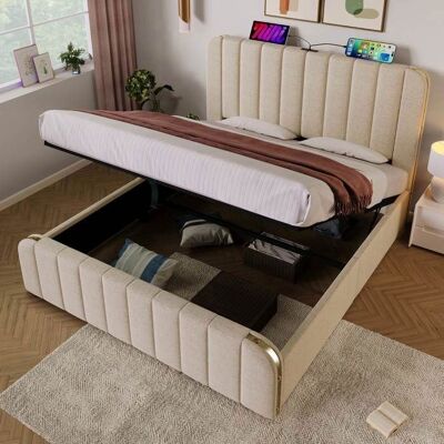LEMONBEST Lit coffre 160x200 capitonné beige lin avec tête à rayures dorées et ports USB/Type-C Beige - Publicité LEMONBEST Lit coffre 160x200 capitonné beige lin avec tête à rayures dorées et ports USB/Type-C Beige - Publicité