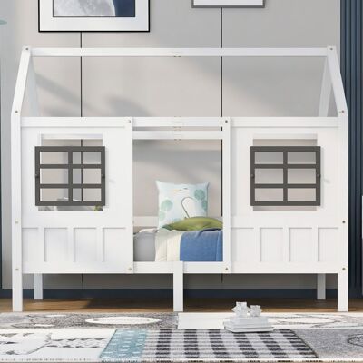 Blueline Lit cabane enfant 200x90cm lit simple lit enfant avec 2 fenêtres cadre en pin MDF blanc Blanc - Publicité Blueline Lit cabane enfant 200x90cm lit simple lit enfant avec 2 fenêtres cadre en pin MDF blanc Blanc - Publicité