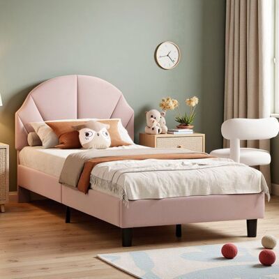 Lit enfant 90x200 cm - COZY - Velours rose - Tête de lit réglable - 150 kg de charge - 12 lattes en bois Rose - Publicité Lit enfant 90x200 cm - COZY - Velours rose - Tête de lit réglable - 150 kg de charge - 12 lattes en bois Rose - Publicité