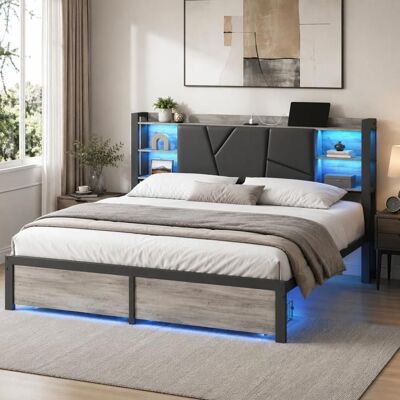 COZY Lit double 160x200 cm lit adulte en fer avec LED et 2 tiroirs lit avec tête de lit et sommier à lattes gris Gris - Publicité COZY Lit double 160x200 cm lit adulte en fer avec LED et 2 tiroirs lit avec tête de lit et sommier à lattes gris Gris - Publicité