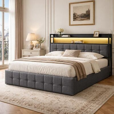 COZY Lit adulte 140x190 cm - lit coffre - tête de lit et sommier à lattes - LED et Port chargement - Gris Gris - Publicité COZY Lit adulte 140x190 cm - lit coffre - tête de lit et sommier à lattes - LED et Port chargement - Gris Gris - Publicité