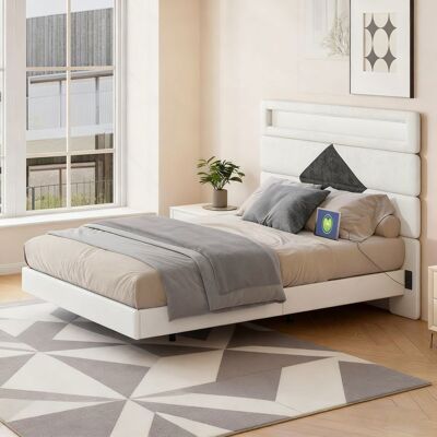 Lit flottant 140x190 cm - COZY - Velours Blanc Cassé - LED RGB - Charge USB - Design Moderne Beige - Publicité Lit flottant 140x190 cm - COZY - Velours Blanc Cassé - LED RGB - Charge USB - Design Moderne Beige - Publicité