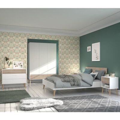 Chambre complète - AALBORG - Scandinave - Blanc / Chêne - Lit 140 x 190 cm 2 chevets commode armoire - PARISOT Blanc - Publicité Chambre complète - AALBORG - Scandinave - Blanc / Chêne - Lit 140 x 190 cm 2 chevets commode armoire - PARISOT Blanc - Publicité