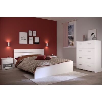 Parisot Chambre complète BOSTON : Lit adulte 140x190 + Commode + 2 Chevets - Décor blanc - Fabriqué en France Blanc - Publicité Parisot Chambre complète BOSTON : Lit adulte 140x190 + Commode + 2 Chevets - Décor blanc - Fabriqué en France Blanc - Publicité