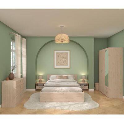 Chambre complète adulte VARIA - Lit 140x190/200 + 2 chevets + 1 commode + 1 armoire avec miroir - Décor Chêne - PARISOT Marron - Publicité Chambre complète adulte VARIA - Lit 140x190/200 + 2 chevets + 1 commode + 1 armoire avec miroir - Décor Chêne - PARISOT Marron - Publicité