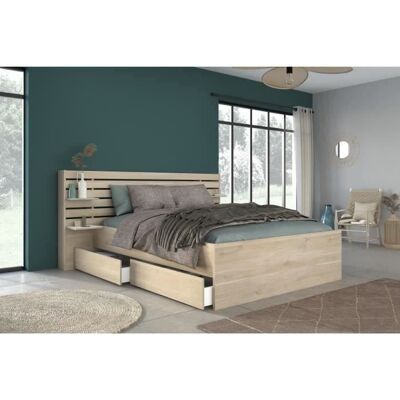 ESCALE Lit adulte 140x190 / 200 cm - Tête de lit + 2 tiroirs - Décor chêne du Japon - PARISOT Beige - Publicité ESCALE Lit adulte 140x190 / 200 cm - Tête de lit + 2 tiroirs - Décor chêne du Japon - PARISOT Beige - Publicité