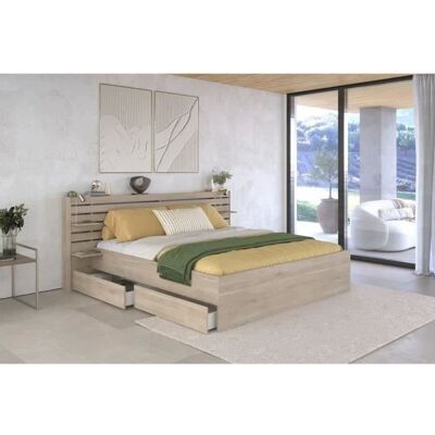 Parisot Lit adulte ESCALE 180x200 cm - Décor chêne du Japon - 2 tiroirs + Tête de lit - L235.4 x H982 x P2168 cm - Fabriqué en France Beige - Publicité Parisot Lit adulte ESCALE 180x200 cm - Décor chêne du Japon - 2 tiroirs + Tête de lit - L235.4 x H982 x P2168 cm - Fabriqué en France Beige - Publicité