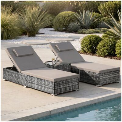 TECTAKE - chaise longue double en polyrotin - Avec table Carbonera dossier réglable 6 positions résistant aux intempéries - acier Gris - Publicité TECTAKE - chaise longue double en polyrotin - Avec table Carbonera dossier réglable 6 positions résistant aux intempéries - acier Gris - Publicité