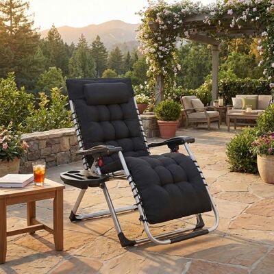 SONGMICS Chaise Longue Pliante avec Coussin Amovible Transat de Jardin en Acier avec Tablette et Pochette Noir Noir - Publicité SONGMICS Chaise Longue Pliante avec Coussin Amovible Transat de Jardin en Acier avec Tablette et Pochette Noir Noir - Publicité